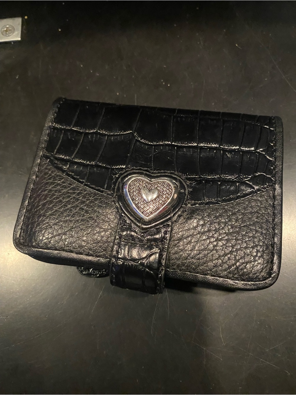Brighton Black Croc-Embossed Leather Wallet with Heart Detail
